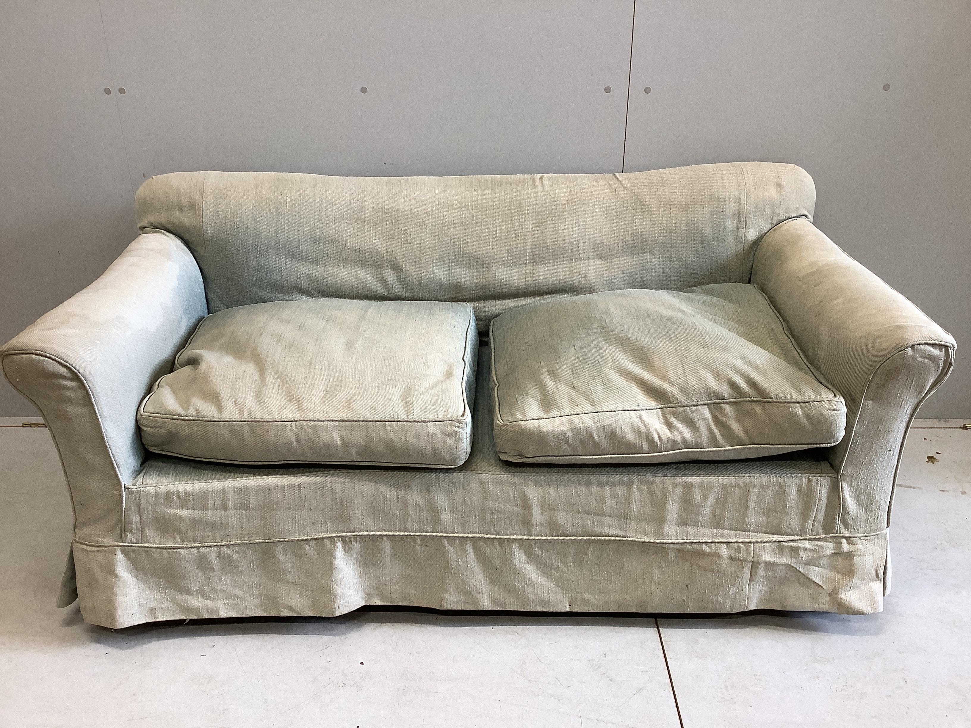 A late Victorian mahogany square leg sofa by C. Hindley and Sons, castors stamped, width 162cm, depth 73cm, height 70cm